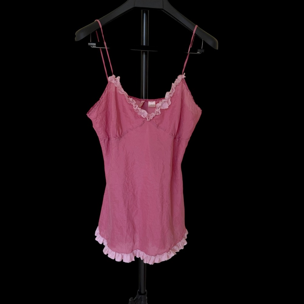 Eloise Pink 100% Silk Ruffle Trim Camisole Top Crinkle V-Neck Tank L RN 66170